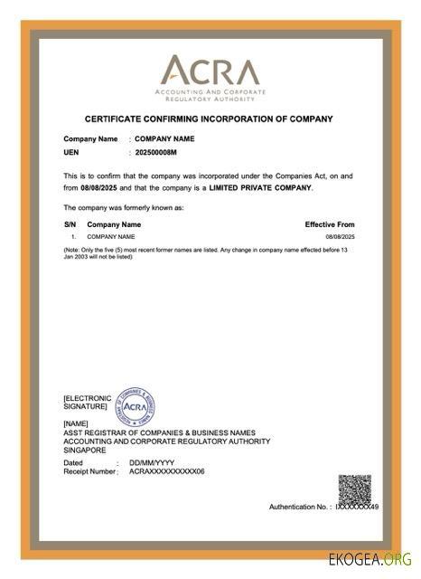 Modèle Word et PDF de certificat de constitution de société à Singapour